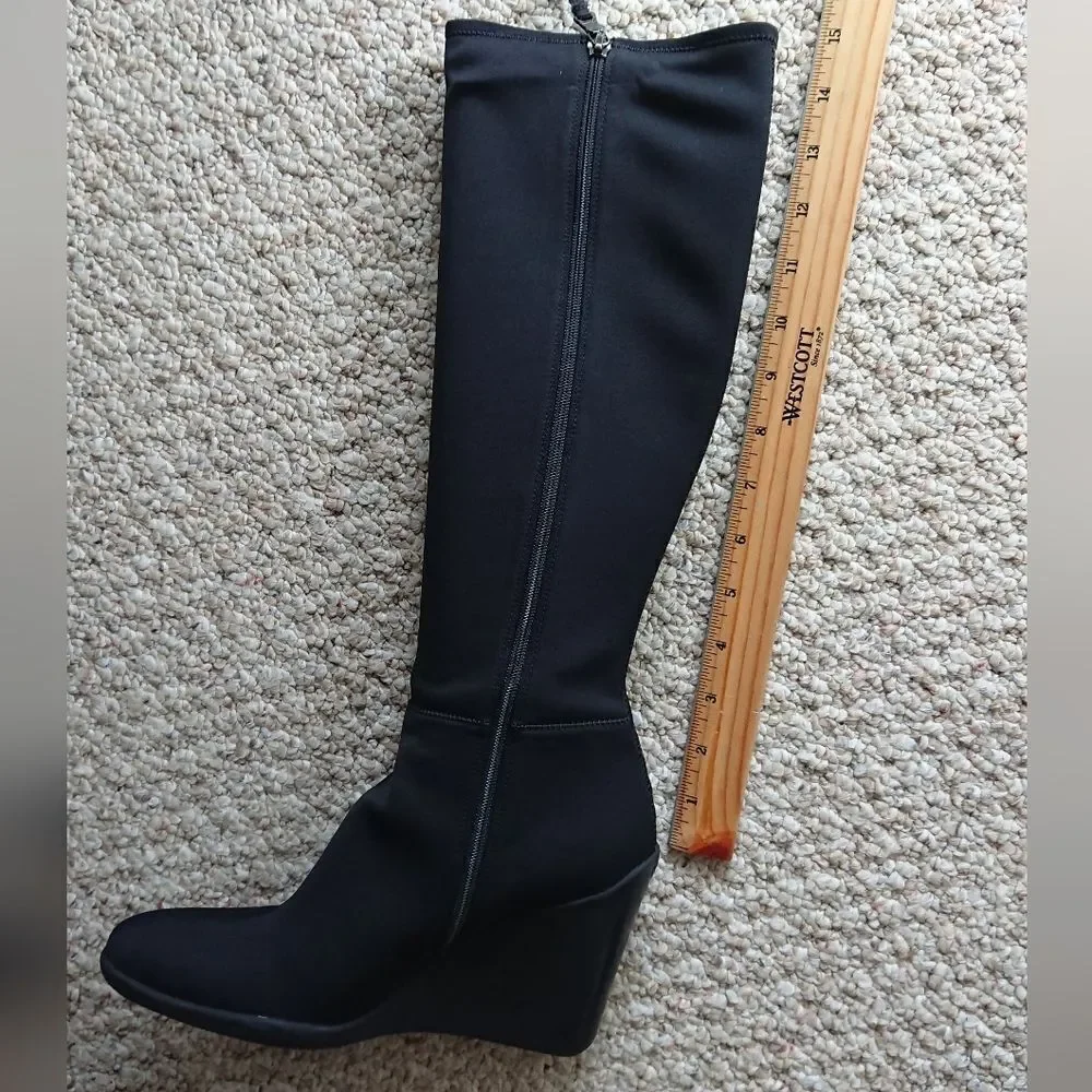 Prada black silk Radzmire fabric sporty knee high wedge boots size 6